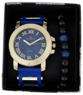 GJM Iced Out Bullet Band Watch and Beaded Bracelet