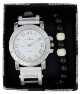 GJM Iced Out Bullet Band Watch and Beaded Bracelet