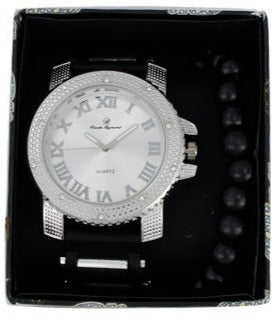 GJM Iced Out Bullet Band Watch and Beaded Bracelet