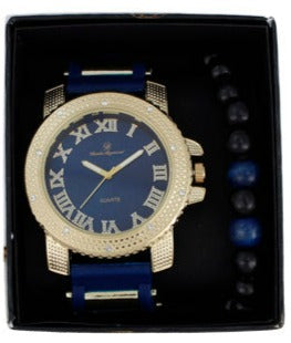 GJM Iced Out Bullet Band Watch and Beaded Bracelet