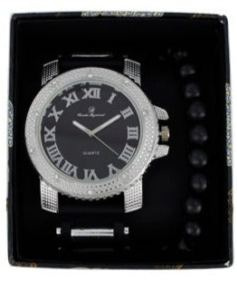 GJM Iced Out Bullet Band Watch and Beaded Bracelet