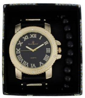 GJM Iced Out Bullet Band Watch and Beaded Bracelet