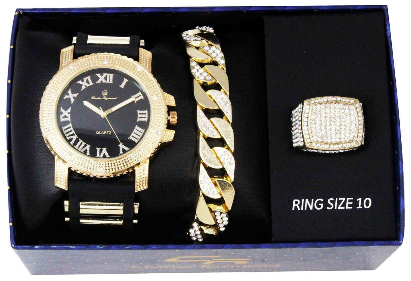 GJM-WRB Iced Out Roman Numbers Watch with Cuban Bracelet with Iced Out Ring