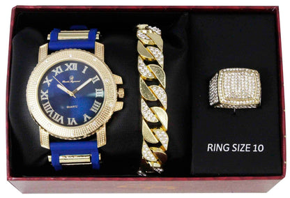 GJM-WRB Iced Out Roman Numbers Watch with Cuban Bracelet with Iced Out Ring