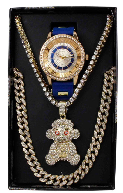 GJM394 Iced Out  Watch, Pendant and 2 Necklace Set