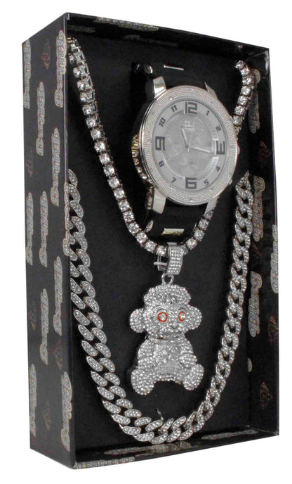 GJM394 Iced Out  Watch, Pendant and 2 Necklace Set
