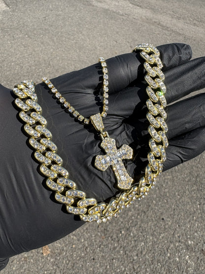 Iced-Out Cuban Chain with Stretchable Tennis Necklace and Iced-Out Cross