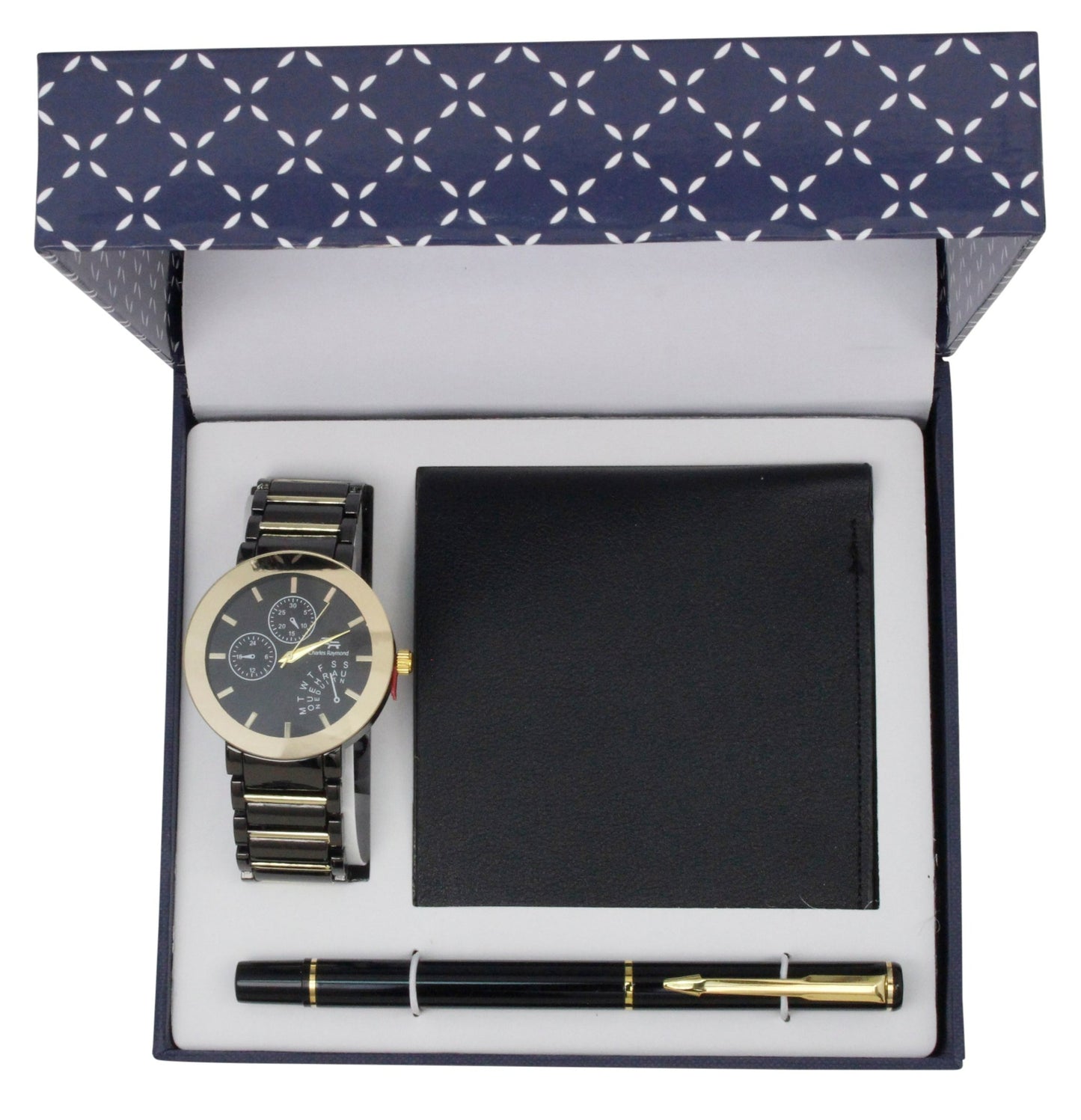 V1161-HB TT Black Gold Watch, Black wallet and Black pen set( 2 Eye Dial)