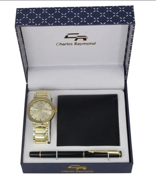 V1161-HB Gold Watch, Black wallet and Black pen set