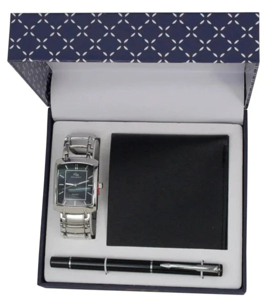 V1161-HB TT Silver-Black Watch, Black wallet and Black pen set