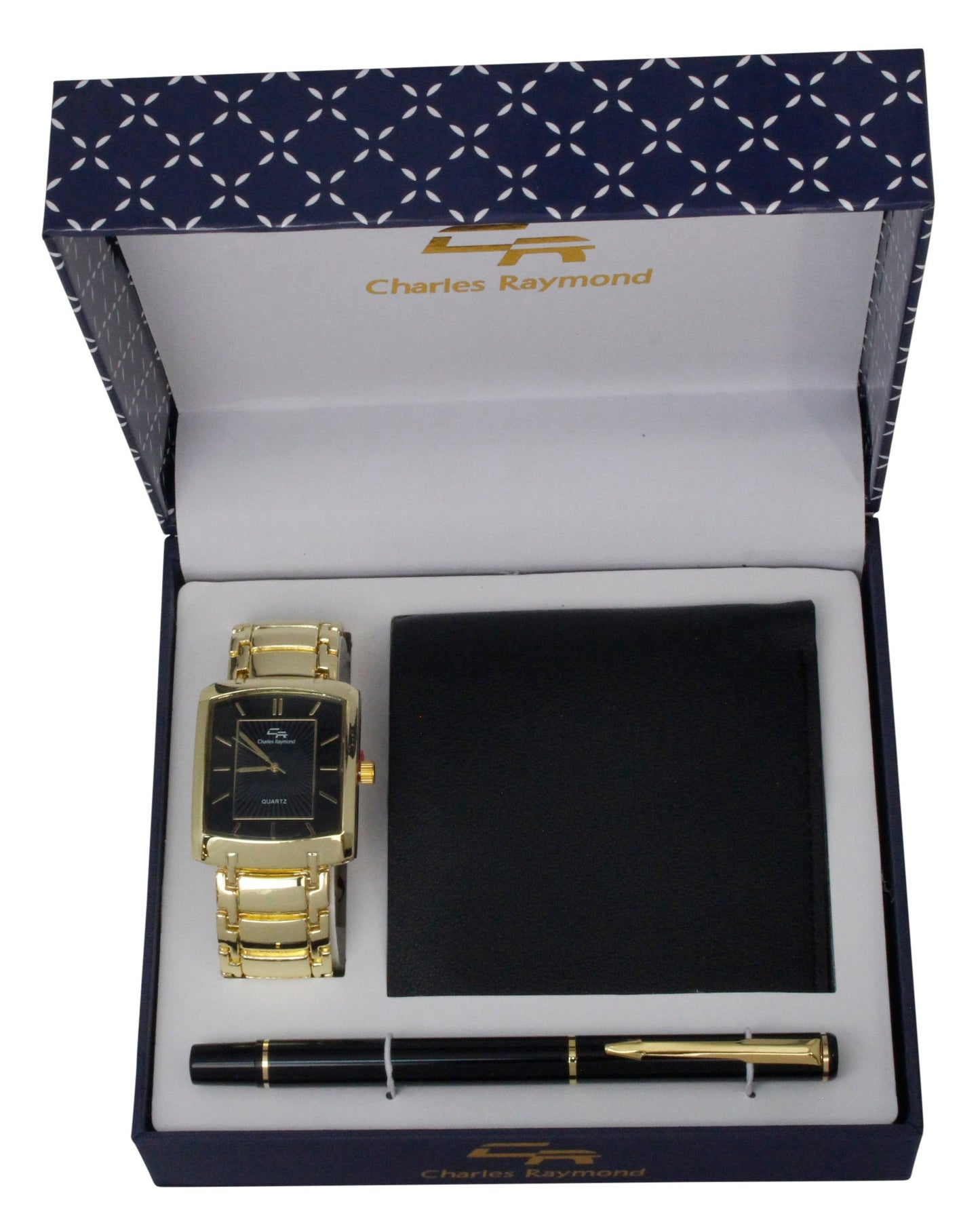 V1161-HB Gold Black Watch, Black wallet and Black pen set