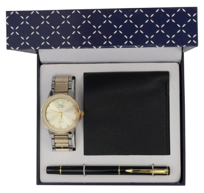 V1161-HB TT Silver- Gold Watch, Black wallet and Black pen set