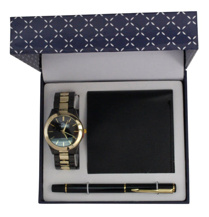 V1161-HB TT Black Gold Watch, Black wallet and Black pen set