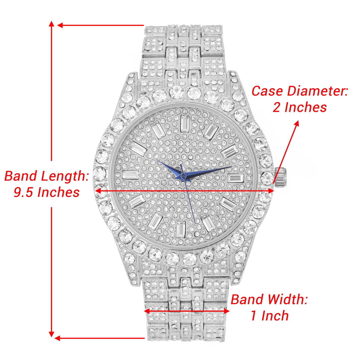 Mens Hip Hop Metal Timepiece - Big Rhinestones on Trim and Elegant Baguette Time Indicators on Dial - Master Bling Designer Look - ST10226 BGS Single (Silver Silver)