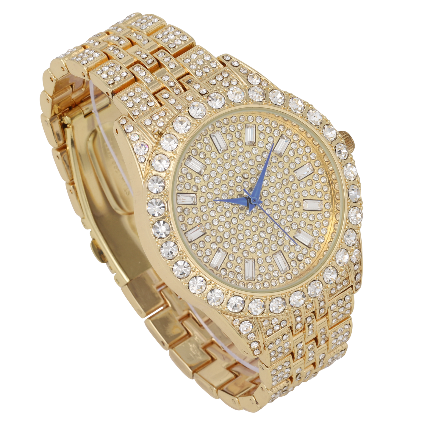 Mens Hip Hop Metal Timepiece - Big Rhinestones on Trim and Elegant Baguette Time Indicators on Dial - Master Bling Designer Look - ST10226 BGS Single (Gold Gold)