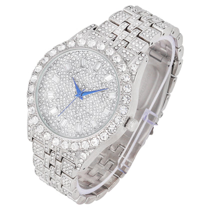 Mens Hip Hop Metal Timepiece - Big Rhinestones on Trim and Elegant Baguette Time Indicators on Dial - Master Bling Designer Look - ST10226 BGS Single (Silver Silver)