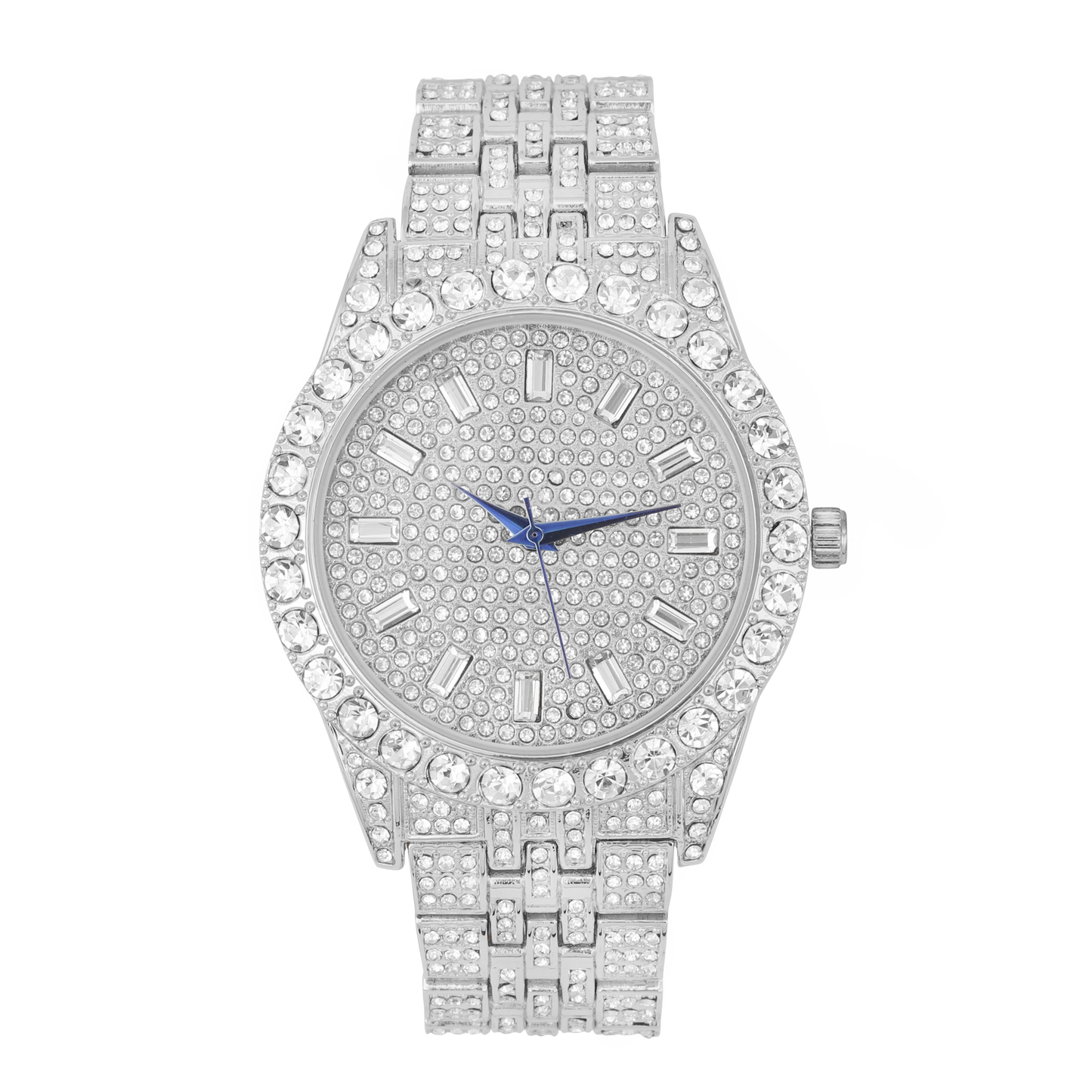 Mens Hip Hop Metal Timepiece - Big Rhinestones on Trim and Elegant Baguette Time Indicators on Dial - Master Bling Designer Look - ST10226 BGS Single (Silver Silver)