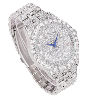 Mens Hip Hop Metal Timepiece - Big Rhinestones on Trim and Elegant Baguette Time Indicators on Dial - Master Bling Designer Look - ST10226 BGS Single (Silver Silver)