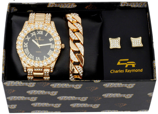 ST10348 Iced Out Watch, Cuban Bracelet and Earrings Set