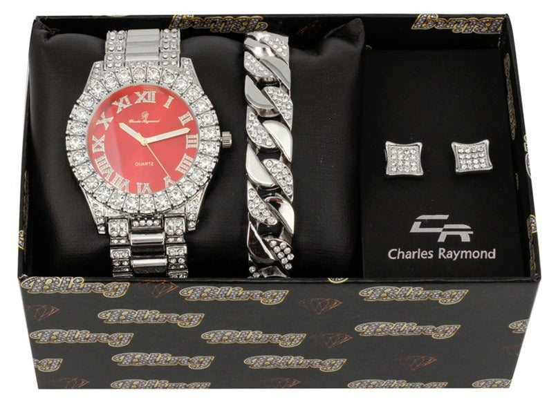 ST10348 Iced Out Watch, Cuban Bracelet and Earrings Set