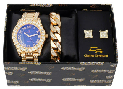 ST10348 Iced Out Watch, Cuban Bracelet and Earrings Set