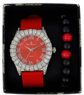 ST10357 Iced Out Silicon Band Watch and Beaded Bracelet Set