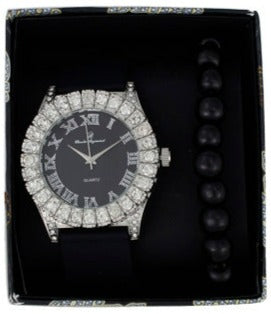 ST10357 Iced Out Silicon Band Watch and Beaded Bracelet Set