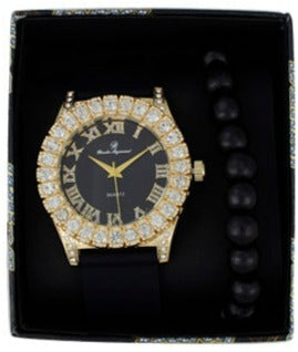 ST10357 Iced Out Silicon Band Watch and Beaded Bracelet Set