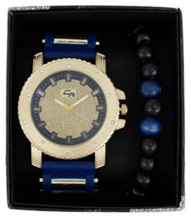 ST10394 Iced Out Bullet Band Watch and Beaded Bracelet