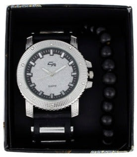 ST10394 Iced Out Bullet Band Watch and Beaded Bracelet