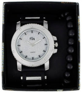 ST10394 Iced Out Bullet Band Watch and Beaded Bracelet