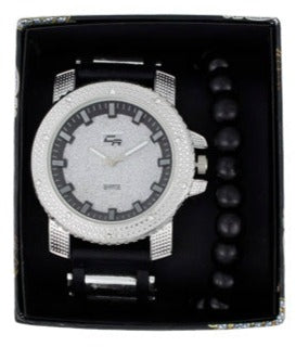 ST10394 Iced Out Bullet Band Watch and Beaded Bracelet