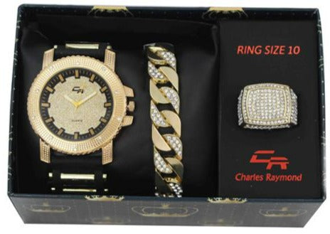 ST10394 Iced Out Bullet Band Watch with Cuban Bracelet and Ring