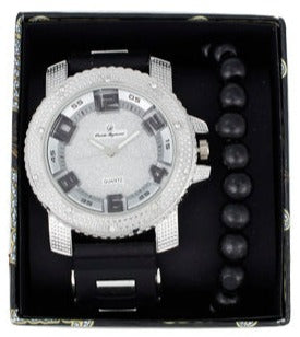 ST10409 Iced Out Bullet Band Watch and Beaded Bracelet Set