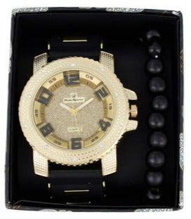 ST10409 Iced Out Bullet Band Watch and Beaded Bracelet Set