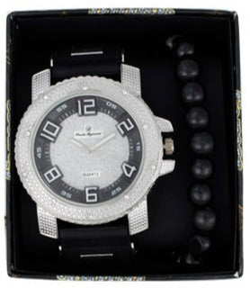 ST10409 Iced Out Bullet Band Watch and Beaded Bracelet Set
