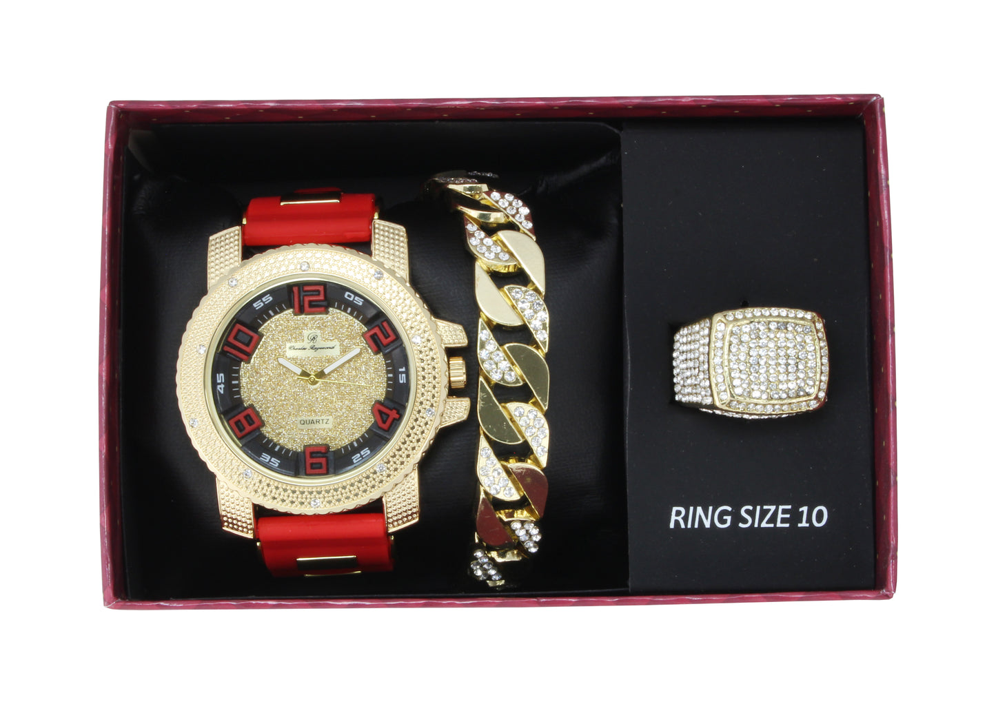St10409 Iced Out Silicon Band Watch, Cuban Bracelet and Iced Out Ring