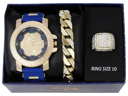 St10409 Iced Out Silicon Band Watch, Cuban Bracelet and Iced Out Ring