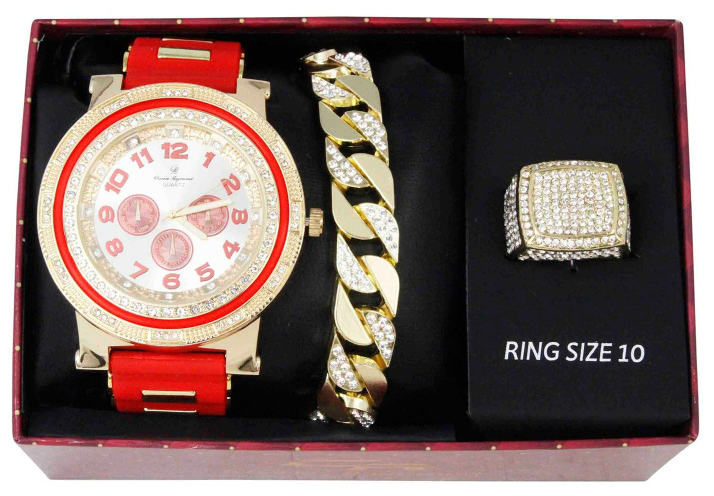 ST10411 Bling Iced Out Watch, Cuban Bracelet and Iced Out Ring