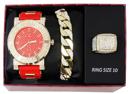 ST10416 Bling Iced Out Silicon Band Watch, Cuban Bracelet and Iced Out Ring
