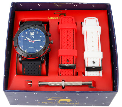 ST10442 Sport Watch with 2 Changeable Bands(Black/Red-Red/White)