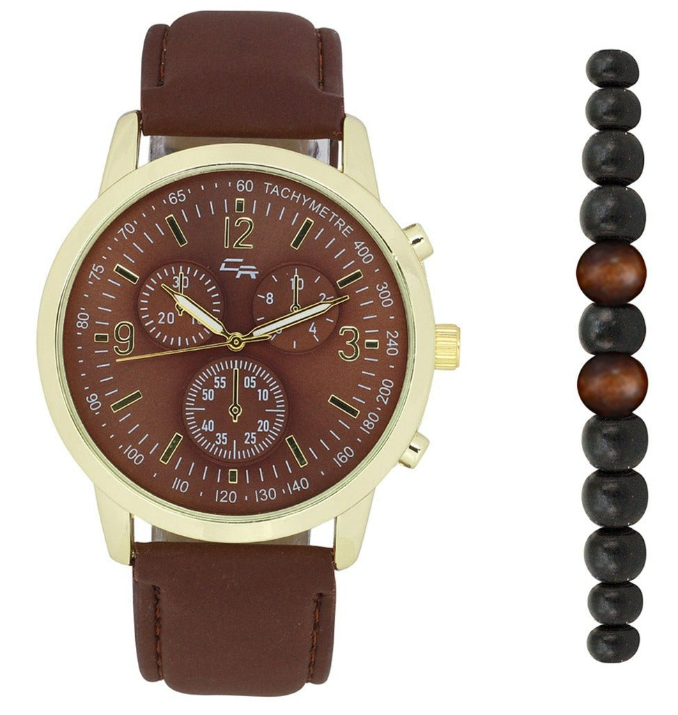ST10449 Classic Leather Band Watch with Beaded Bracelet