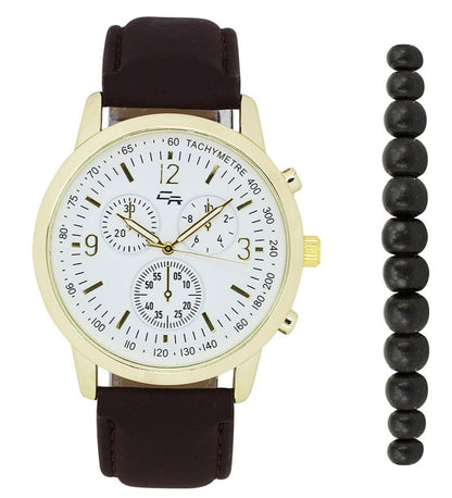 ST10449 Classic Leather Band Watch with Beaded Bracelet
