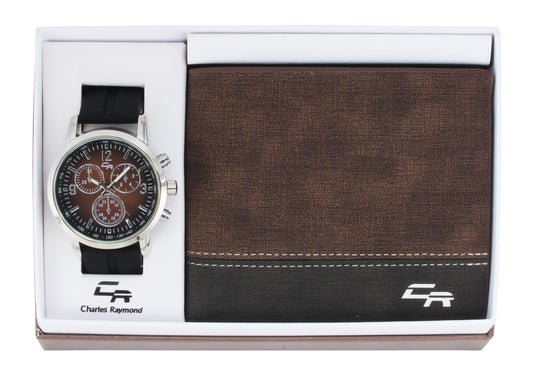 ST10465 Silicon Black Band Watch and Brown Wallet Set