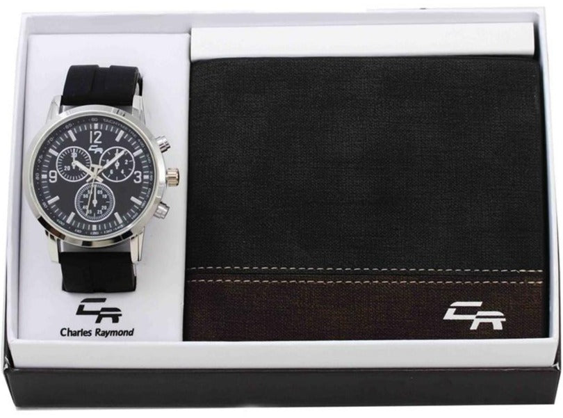 ST10465 Silicon Black Band Watch and Black Wallet Set