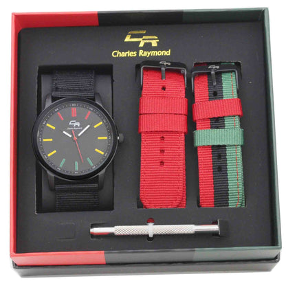ST10468 Sport Nylon Watch with 2 Changeable Bands(Black-Red/Multi)