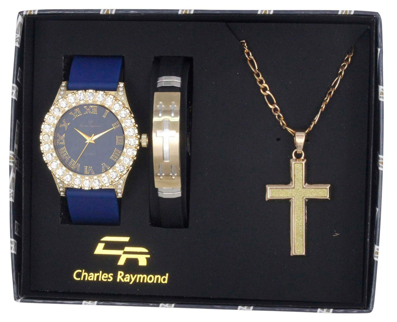 ST10475 Iced Out Watch, Cross Bracelet and Cross Necklace