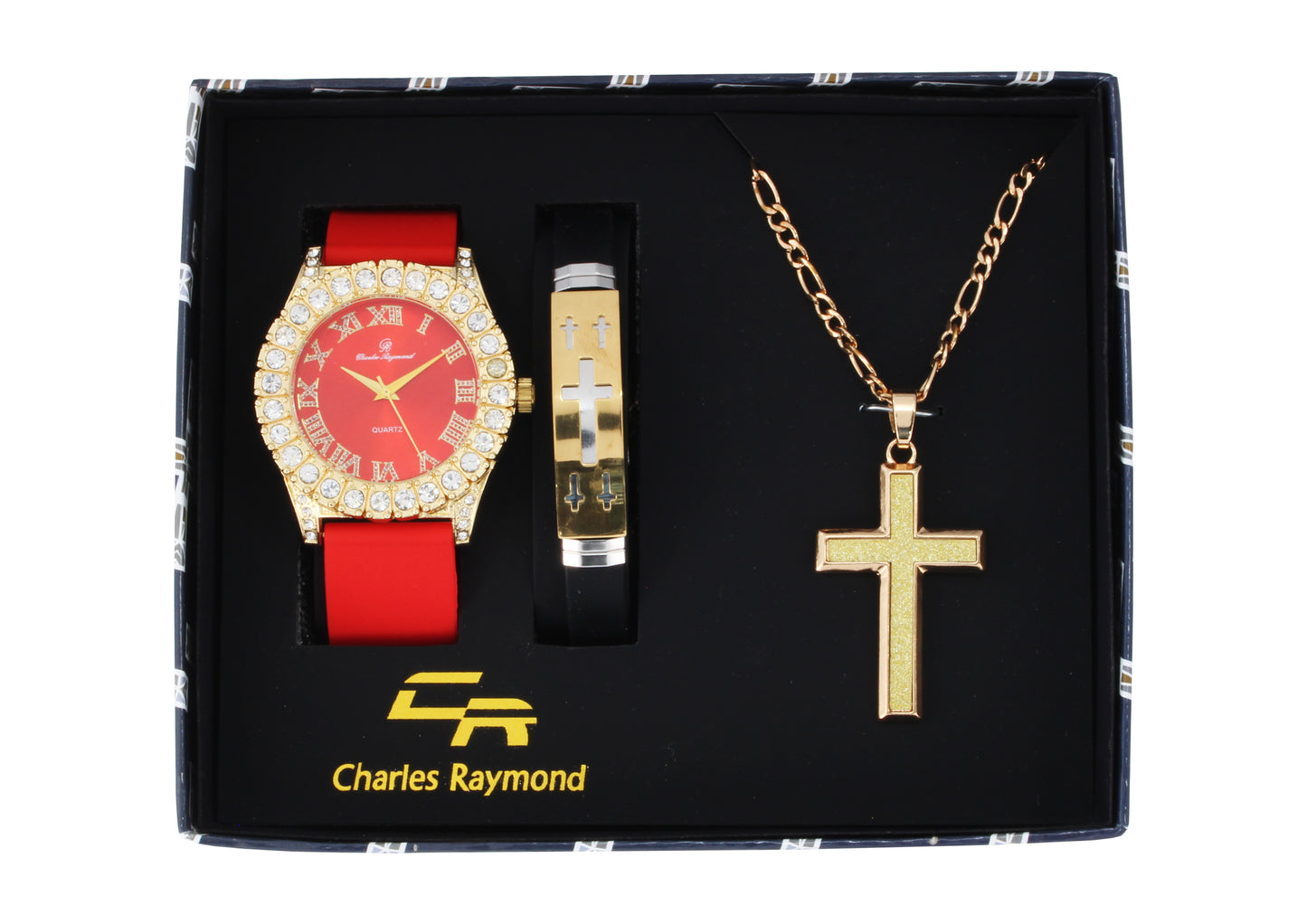 ST10475 Iced Out Watch, Cross Bracelet and Cross Necklace