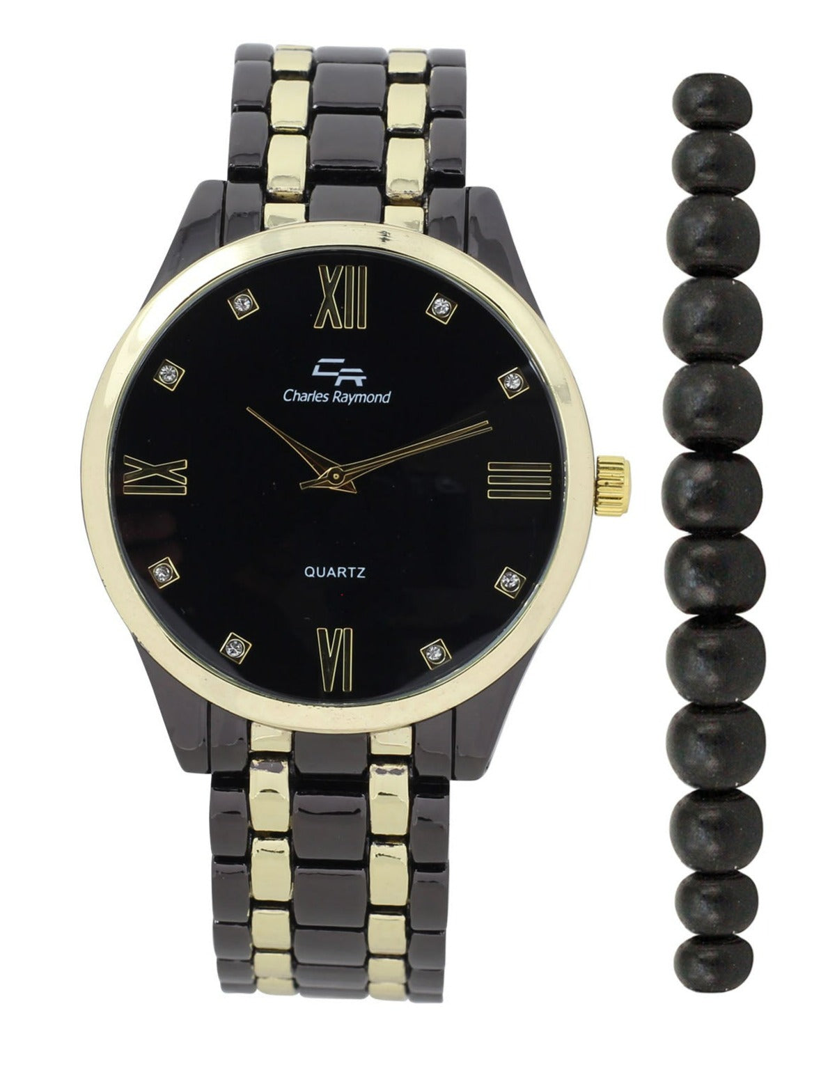 ST10532 2482G Classic Metal Band Watch with Beaded Bracelet Two Tone Black