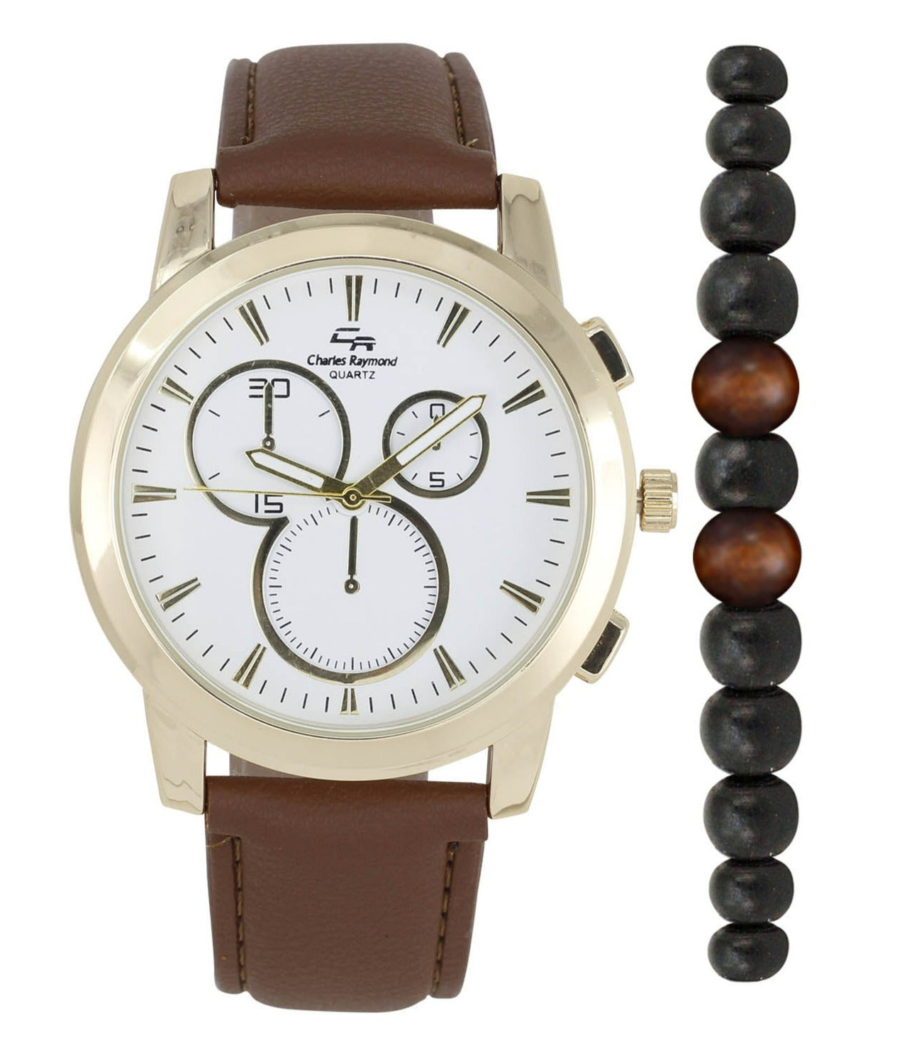 ST10548 Classic Leather Band Watch with Beaded Bracelet